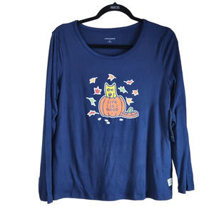 Life Is Good Sleep Shirt Women M Halloween Blue Long Sleeve Fall Pumpkin Dog NWT